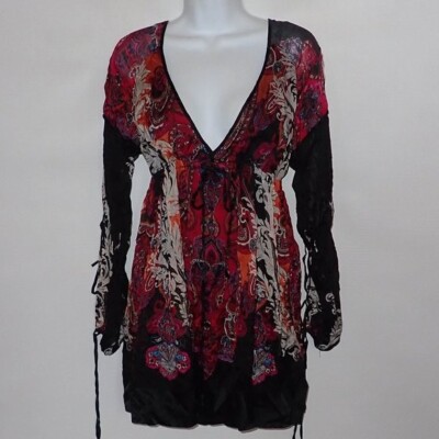 Bebe Tunic Top Women XXS Black Red Goth Lace Sheer Boho  Long Sleeve Paisley