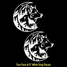 5" Majestic Wolf Moon Mountain Wood Scene 2 White Vinyl Decal Car Truck Van Door