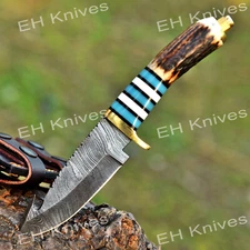 8’’ Handmade Damascus Steel Hunting Sharp Stag/Antler Skinner Knife with Sheath