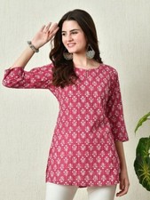 Pink Floral Printed Cotton Women Kurti Short Indian Kurti