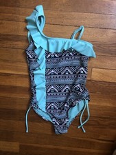 justice girls size 8 bathing suit, 1-pc swimwear , black white teal, Adj Strap