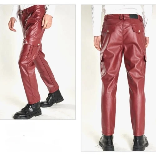 Men Faux Leather Trousers with Pockets Motorcycle Biker Pants Slim Punk Rock - Bild 13 von 24