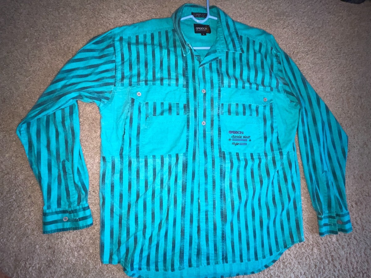 VTG 80S MENS LARGE SASSON GREEN BLACK STRIPE BUTTON LONG SLEEVE 