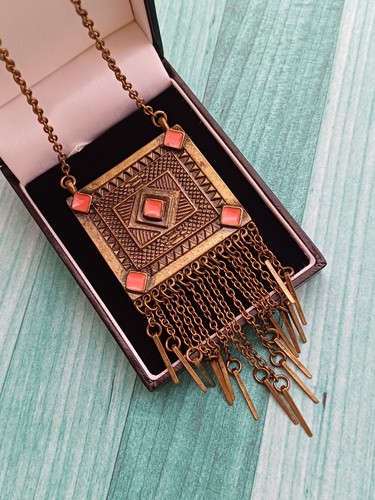 Urban Outfitters Gold & Orange Enamle Aztec/Bohemian Pendant Necklace - Picture 2 of 11