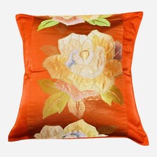 18"Glittering Japanese Kimono Obi Pillow Cover Handmade/Orange/Flower F/S 231