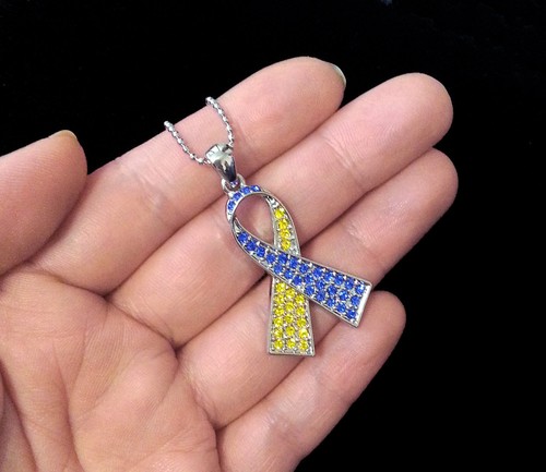 CRYSTAL BLUE YELLOW RIBBON BOW DOWN SYNDROME DS AWARENESS PENDANT CHARM ...