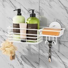 Shower Caddy Suction Cup with Hooks, No Drill Shower Shelf, White Heavy Duty