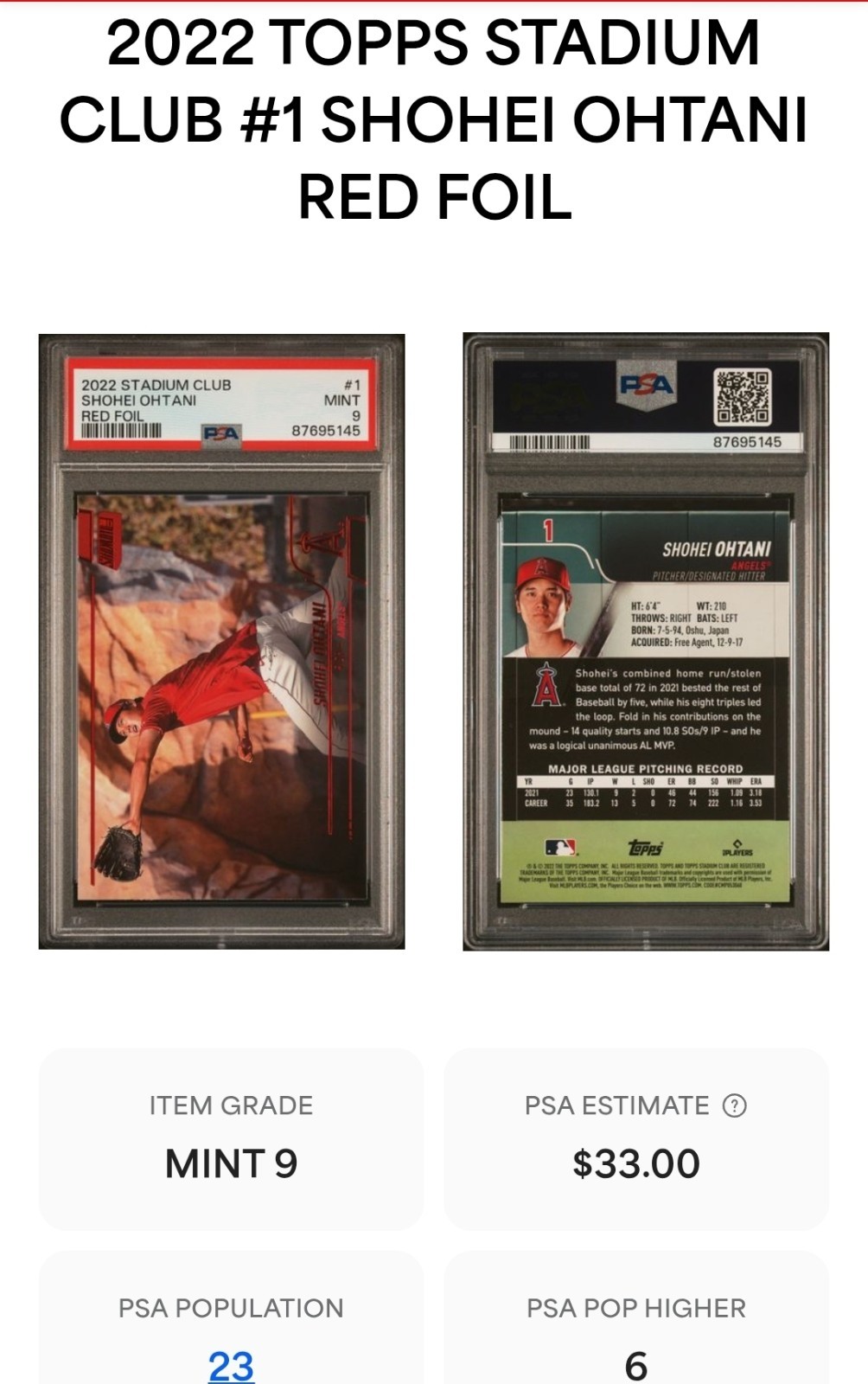 ⚾ Shohei OHTANI *Red Foil* PSA 9 2022 Topps Stadium Club #1 POP 23 🔥 Mint view 2