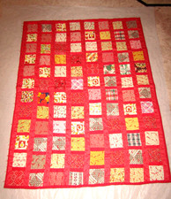 Vintage 1960s Homemade Cotton Patchwork Quilt Blanket 61x91 Red