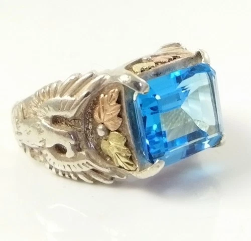Black Hills Sterling Silver & 12K Yellow Rose Gold Blue Topaz Eagle Ring Size 9