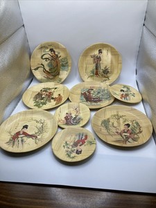 6 Oriental Hand Painted 6” Bamboo Plates & 3 4” Plates Asian Painting Taiwan
