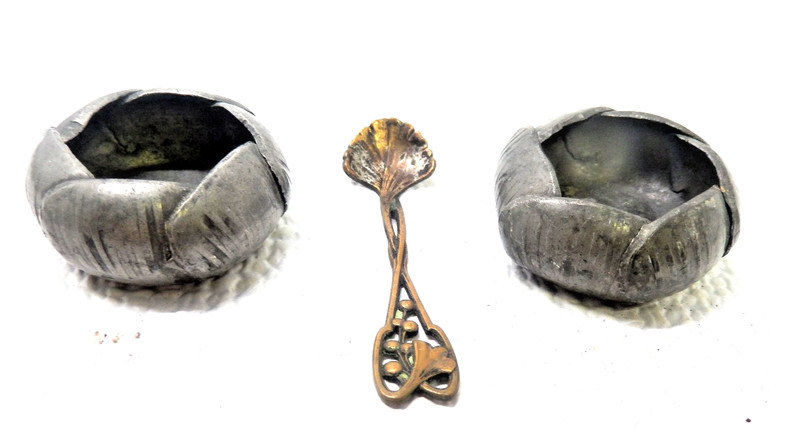 { 1920s A E Chanal Pair French  Hand-Wrought Pewter Open Salt Cellars & Spoon