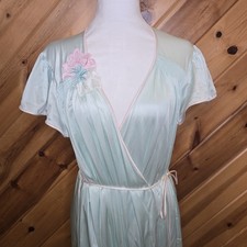 VTG VANDEMERE Teal Nylon Floral Appliqu  Robe Dressing Gown Sz L