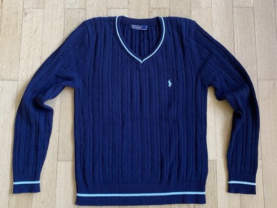 Polo Ralph Lauren Damen Pullover Zopfmuster V-Ausschnitt Baumwolle Schwarz Gr...