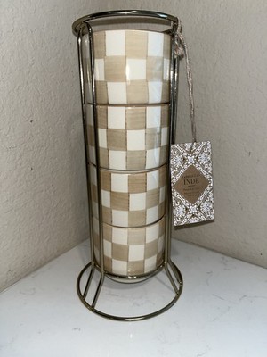 MADE IN INDIA MOCHA CHECK NWT STACKABLE COFFEE MUGS SET OF 4