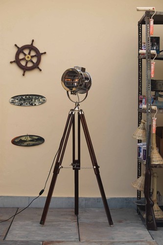 Industrial Chrome Finish Spotlight Tripod Floor Lamp – Brown Stand - Picture 2 of 12