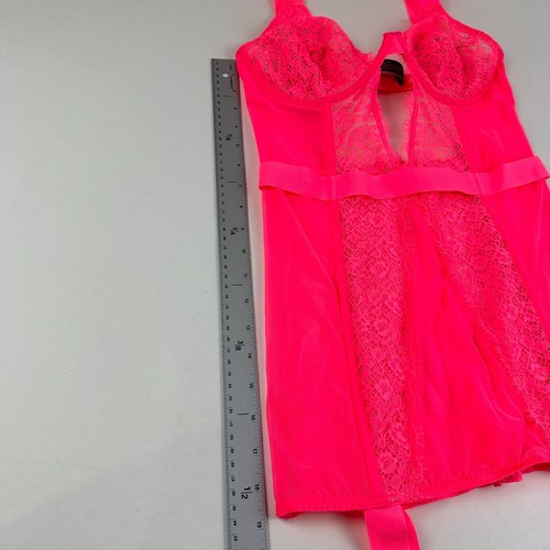 Victoria's Secret Neon Pink Lace Mesh Corset Bustier Bra 36 D Garter Slip - Picture 15 of 15