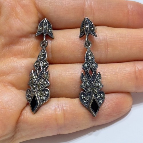 VTG 925 Sterling Silver Marcasite Black Onyx Dangly Drop Earrings Art Deco 1.75"