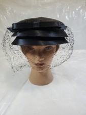 60's Clover Lane Black Satin Layered Pillbox Hat Matching Veil Sz 22 1/2 EUC