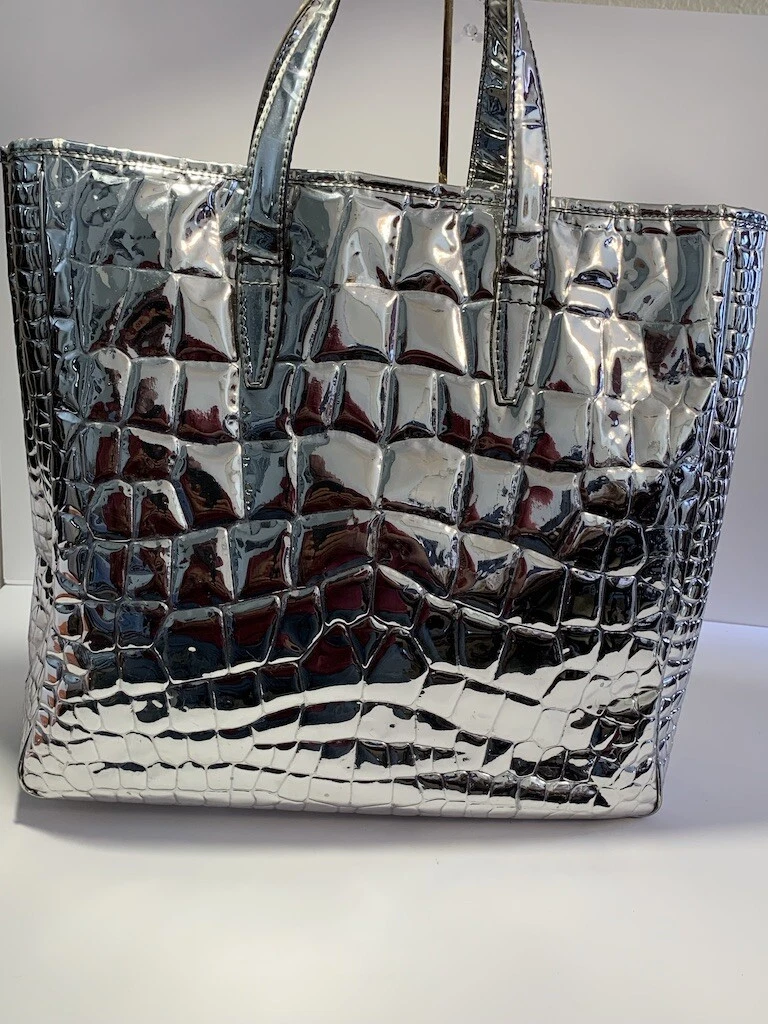 YSL YVES SAINT LAURENT Silver Crocodile Embossed Patent Leather Tote Bag