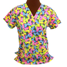 Cassandra O Womens Small Scrub Top Butterfly Print Black Pink V Neck