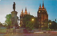Vintage Utah Chrome Postcard Salt Lake City Brigham Young Monument Mormon Temple