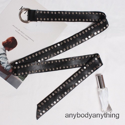 Women Faux Leather Belt Rivets Studded D Ring Slim PU Waistband Gothic Punk Belt - 第 14/23 張圖片