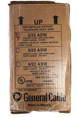 QTY=750 Feet: 2090008 General Cable Black 2/22ASW 22AWG Drop Wire
