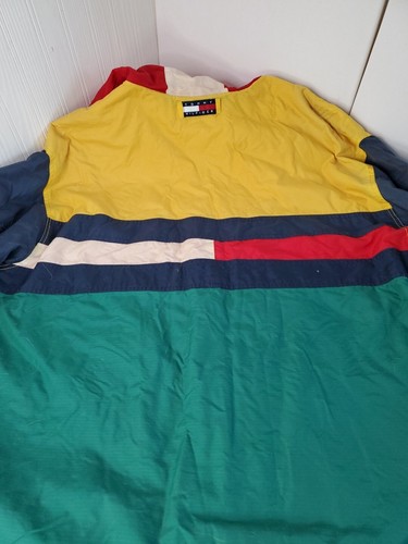 Vintage Tommy Hilfiger Jacke Herren XL Grün Blau Mantel Color Block Big Logo Flag - Bild 10 von 11