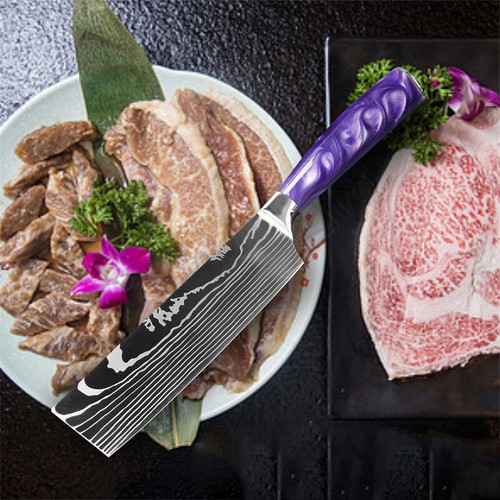 10PC Kitchen Knife Set Japanese Damascus pattern Chef Knives Cleaver Purple - Picture 15 of 41