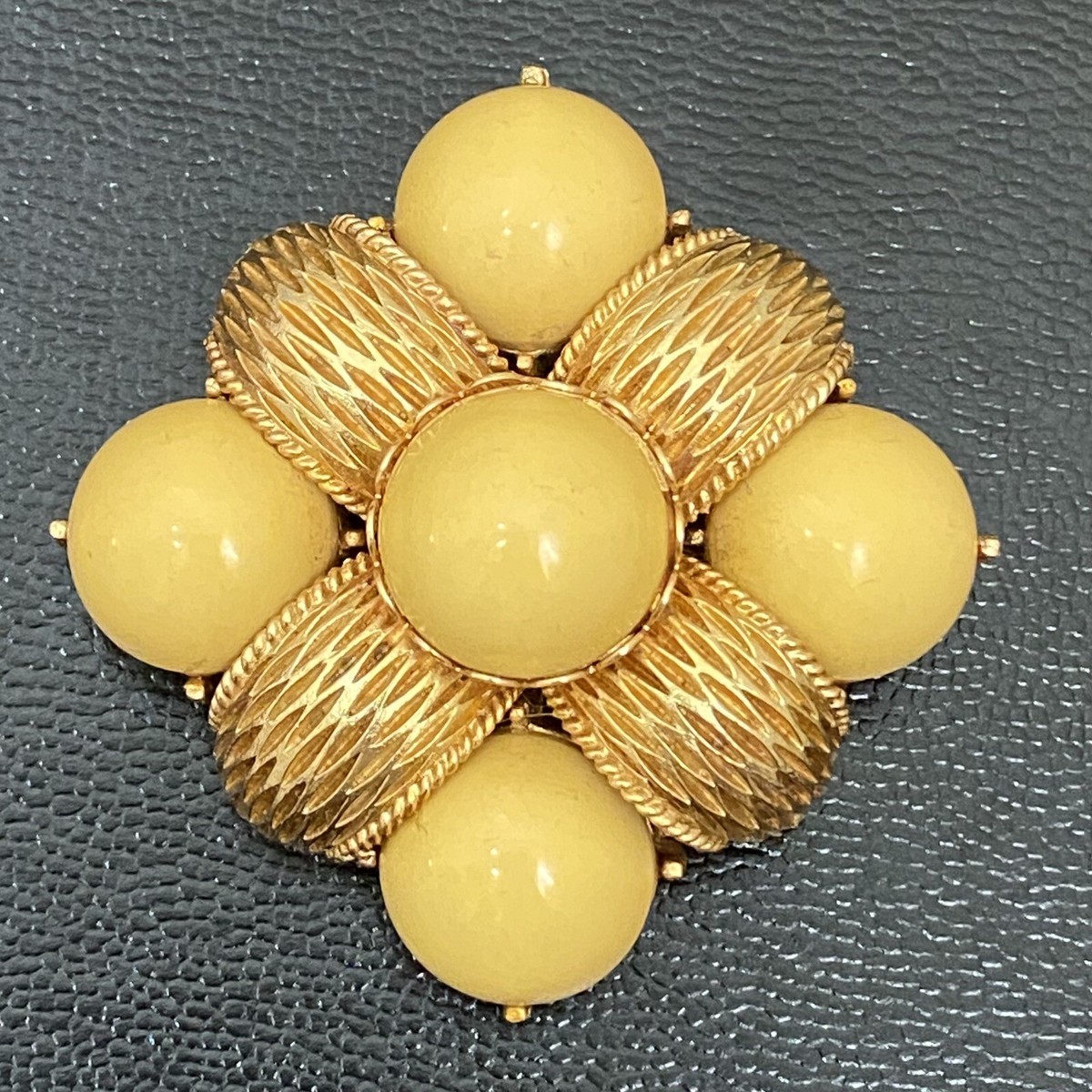 Vintage CADORO Signed Gold Tone Yellow Bakelite Cabochon Diamond