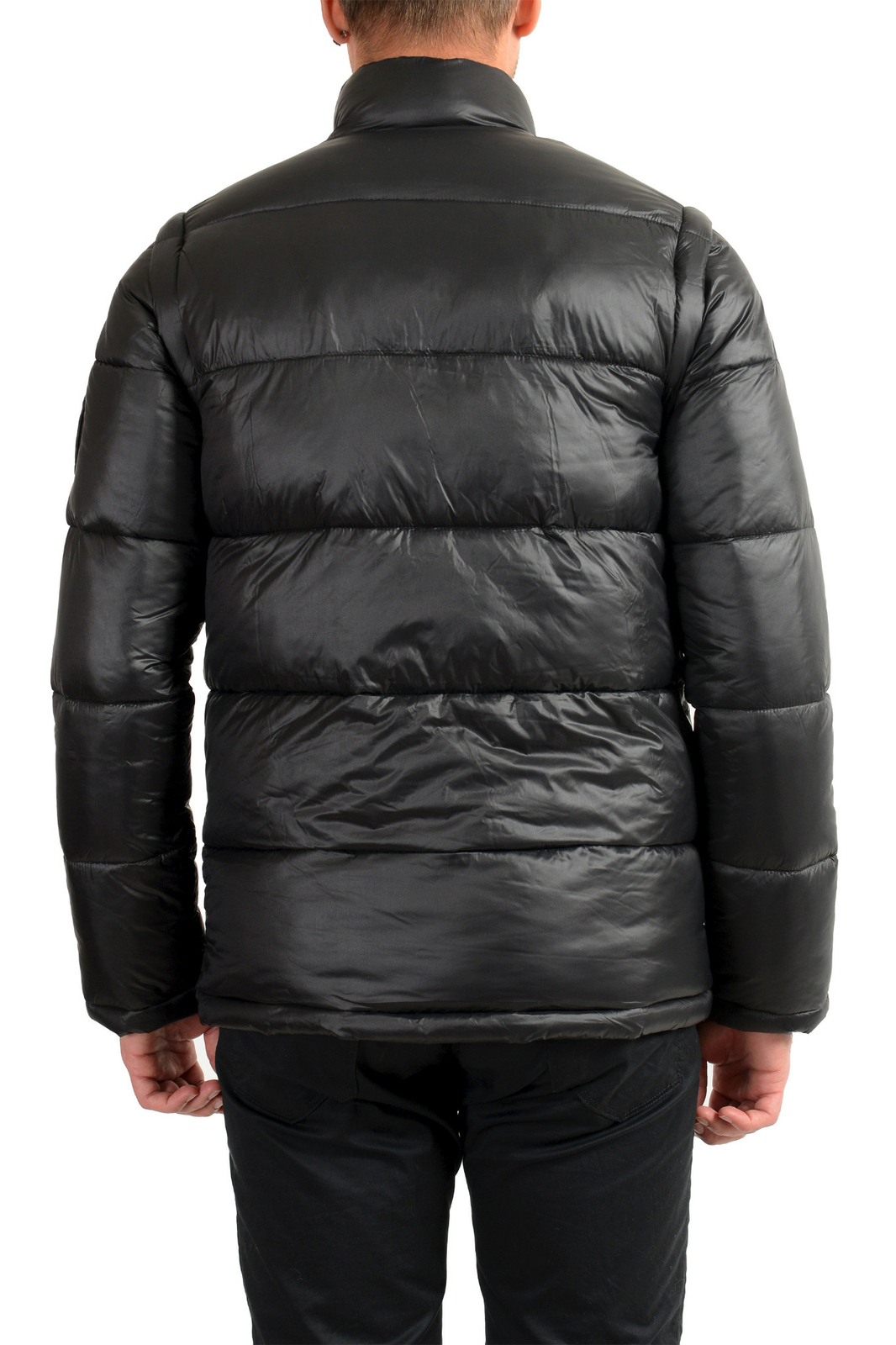 Plein Sport Men's Black Logo Print Zip Up Parka Vest With Detachable Sleeves