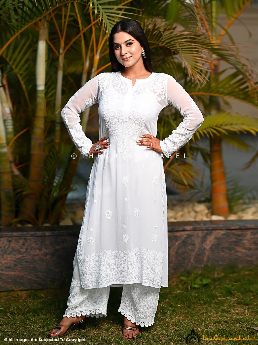 chikankari long dress 3 Piece chikankari embroidered long dress -