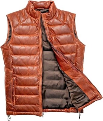 Brown Distressed Quilted Puffer Down Leather Vest Men| Lightweight vest men