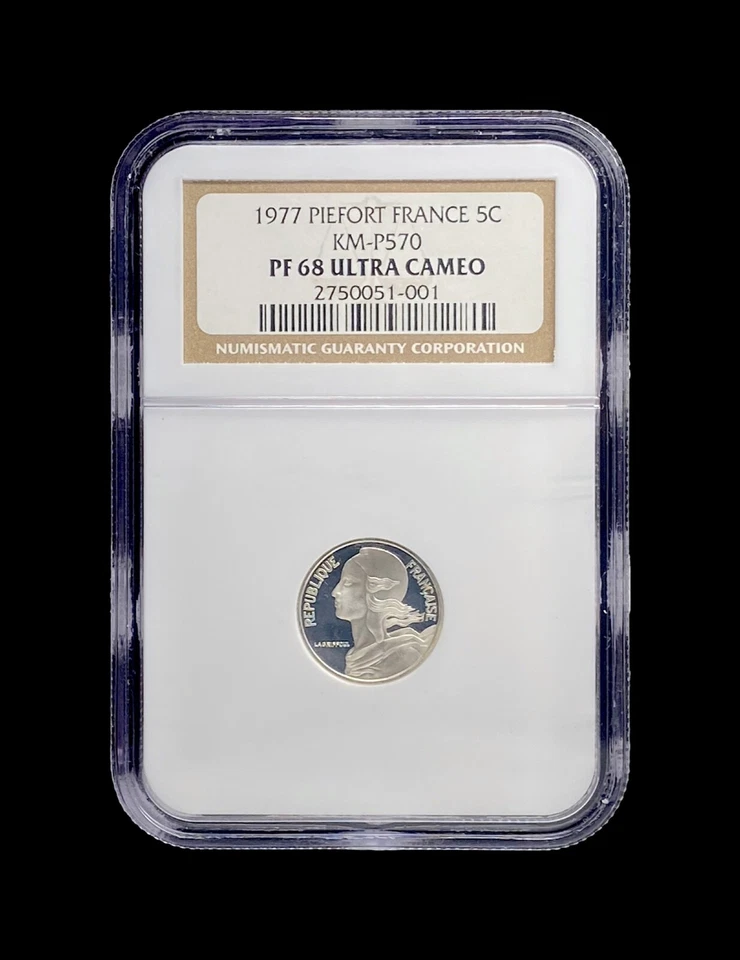 FRANCIA. 1977, 5 céntimos, plata - NGC PF68 - Top Pop 🥇RARO Piéfort (Piedfort) Foto 2 de 4