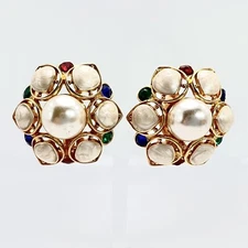 Vintage 1980s Gold Tone Faux Pearl Rhinestone and Enamel Statement Earrings