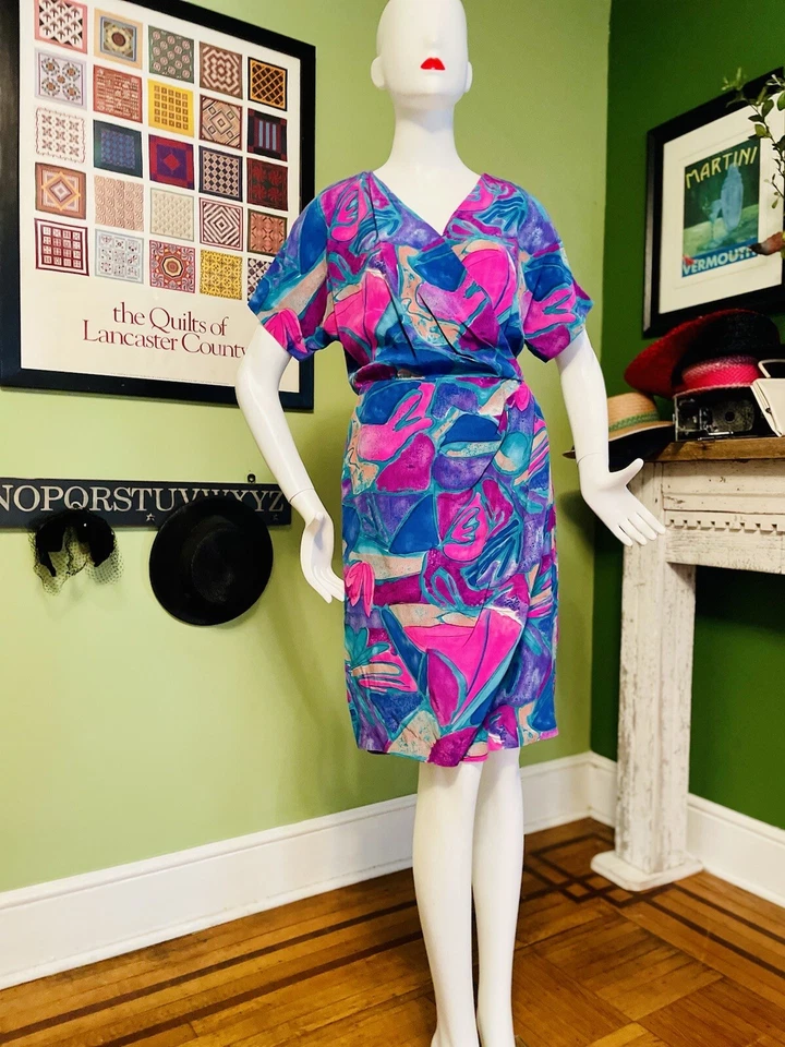 Vestido de fiesta vintage años 80 90 100 % seda audaz floral imitación envoltura vestido de crucero ML Foto 4 de 4