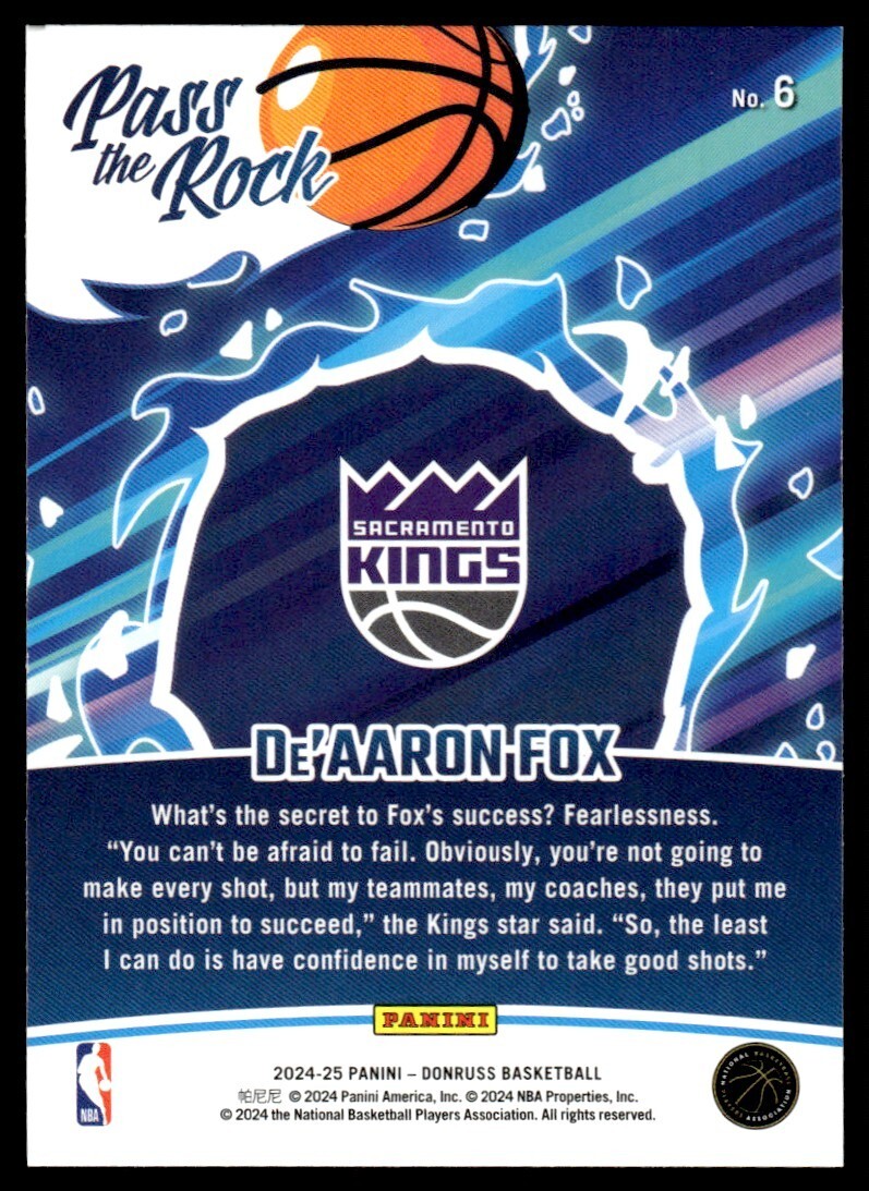 2024/25 Donruss Pass The Rock INSERT DeAaron Fox #6 Kings | eBay