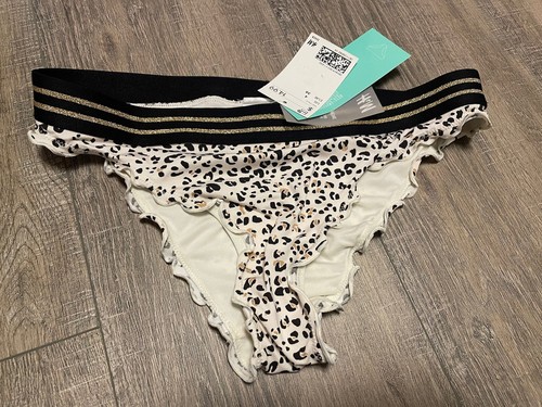 H&M weißer Leopardendruck Glitzergold Rüschensaum Damen Bikini Größe 4 neu mit Etikett - Bild 1 von 5