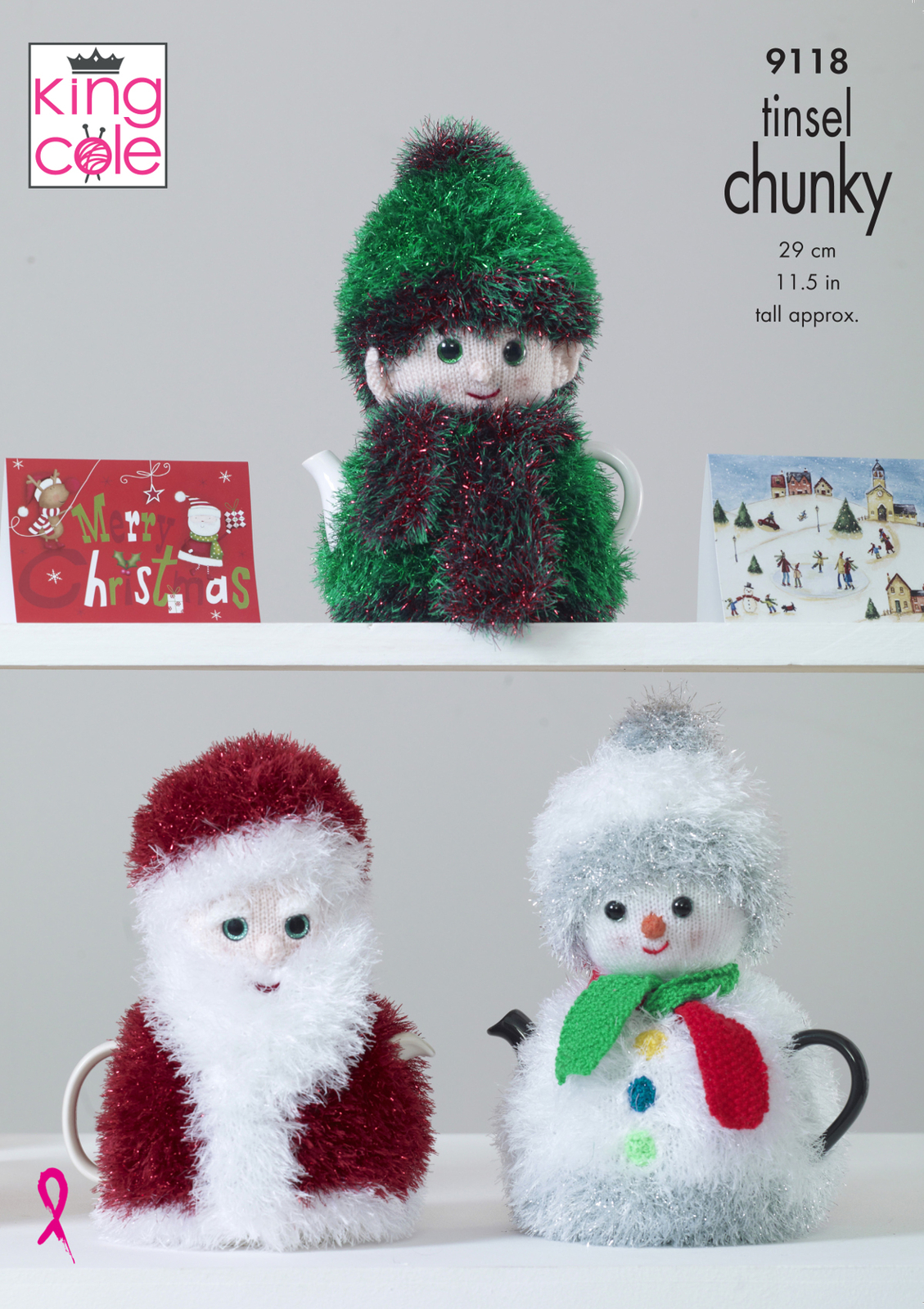 Tinsel Chunky Knitting Pattern Santa Snowman or Elf Tea Cosy King Cole 9118