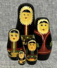 Vintage Hand Painted Wooden Nesting Dolls 5 Pc. Set Black Parka Dress Black Hair