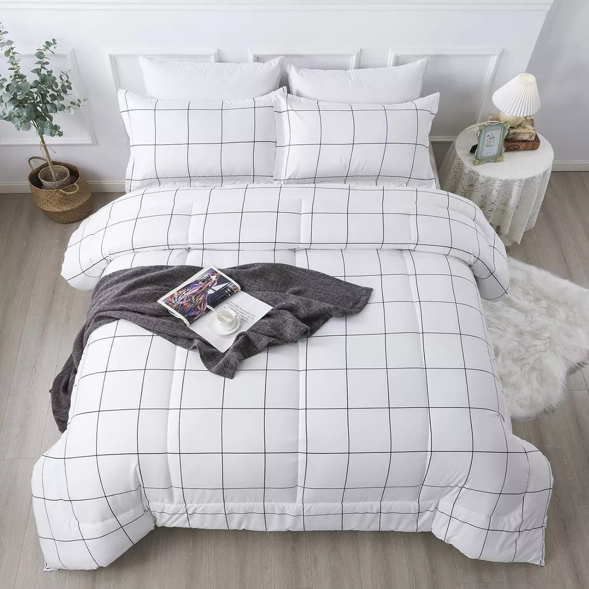 Andency White Grid Comforter Set Full 79x90Inch 3 Pieces 1