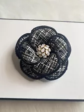 Camellia Brooch Pin Tweed Black Large New Handmade
