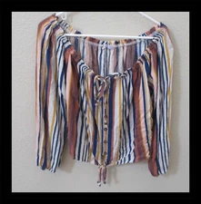 Jolt Crop Tie Front Top Long Sleeve  Multicolor Striped  Size Large