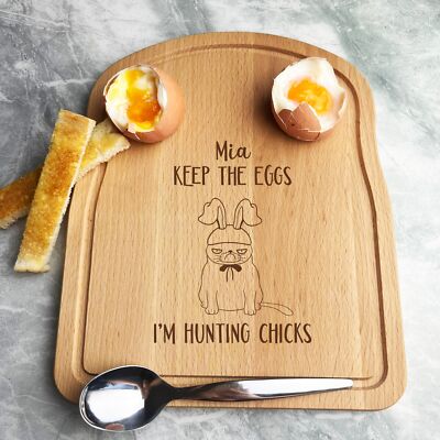 Katze Hasenohren Ostern personalisiert Geschenk Brot Eier Toast Frühstück Servierbrett