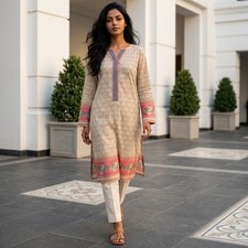 Floral Print Longline Kurta Tunic Pink Cream Geometric Border Split Neck Spring