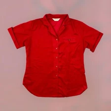 VTG 70s 80s Laura Mae Basic Button Shirt Top Blouse Womens M Red Nylon Polyester