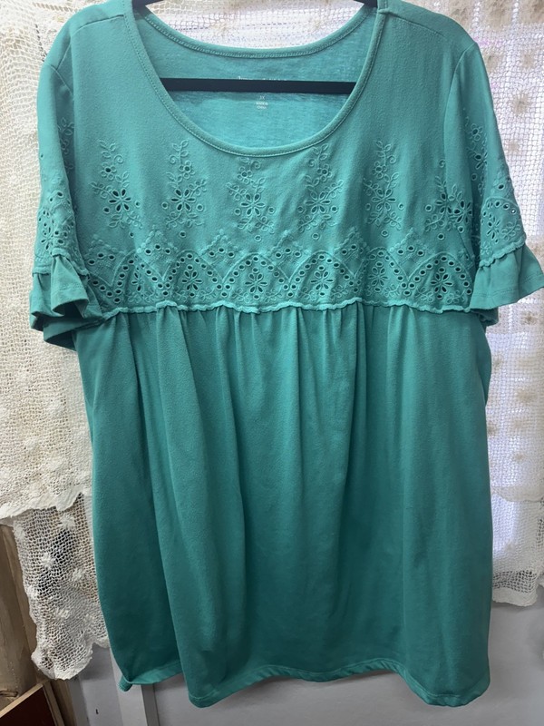Woman Within 3X Turquoise Embroidered Pleated Tunic Short Sleeve Blouse Details!