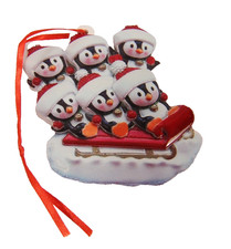 Personalized Christmas Ornament Family of 6 Penguins with Sled