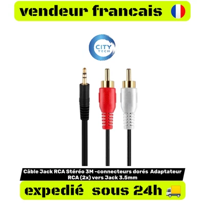 Câble Jack RCA Stéréo 3M -connecteurs dorés Adaptateur RCA (2x) vers Jack 3.5mm - Photo 1/3